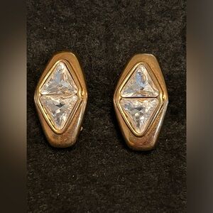VINTAGE Swarovski S.A.L. Double Triangle Gold Tone Clip On Earrings